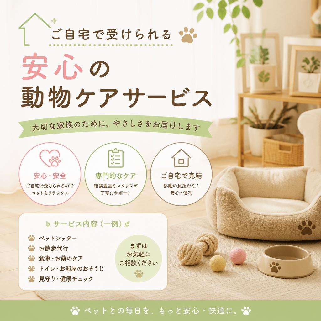 ご自宅で受けられる安心の動物ケアサービス